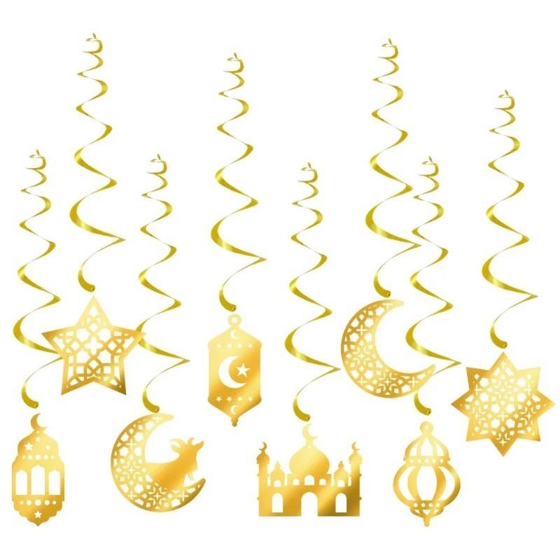 Komplette Ramadan Party Essentials Gold und Schwarz Eid Mubarak Deko Islamisches Banner Mondsichel Papierlaternen Festivalzubehör