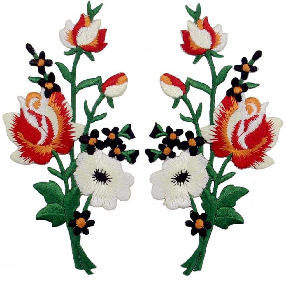 1 Pair Pink blue Roses Pair Flowers Floral Bouquet Boho Embroidered Appliques Iron-on Patches New