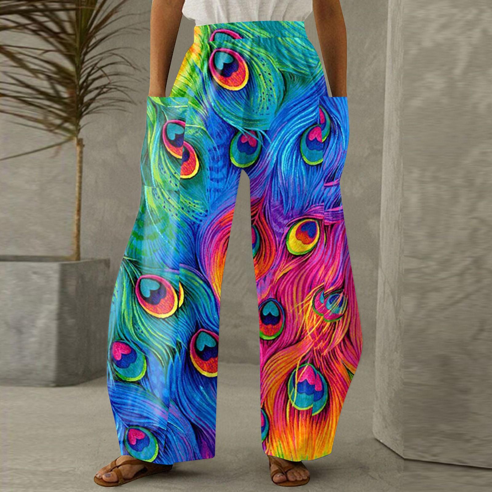 (Куниде) Женские брюки с принтом, повседневные прямые свободные брюки большого размера, классические модные брюки Dashiki XXL синий