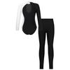 Girls Long Sleeve Mock Neck Contrast Color Keyhole Back Rhinestones Leotard Elastic Waistband Leggings Performance Set