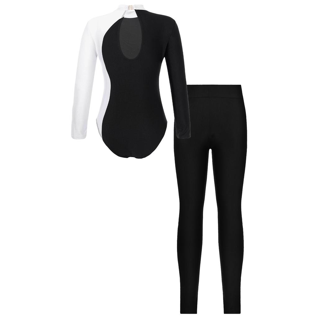 Girls Long Sleeve Mock Neck Contrast Color Keyhole Back Rhinestones Leotard Elastic Waistband Leggings Performance Set
