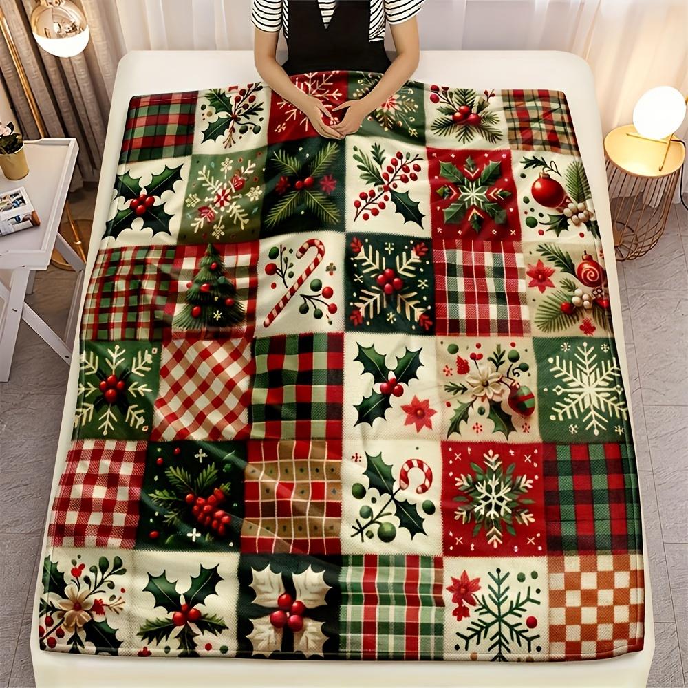 Coperta in Pile Natalizia Coperta in Pile Patchwork Gioia Natalizia - Accogliente Design Festivo Rosso e Verde, Morbido Flanella di Velluto in Poliestere