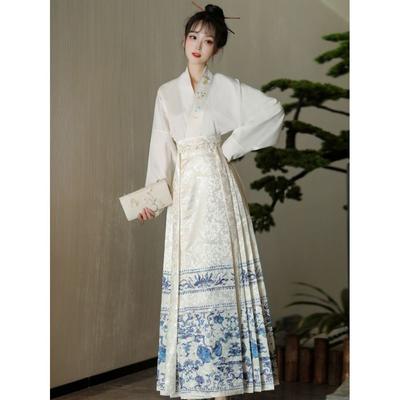 Chinese Ming Dynasty Style Hanfu Women's Suit Cross Collar Embroidery Daily Horse-face  Skirt