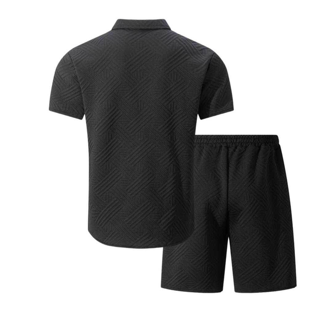 Men's Color Collared Cardigan Short-sleeve Shirt And Shorts Casual Set