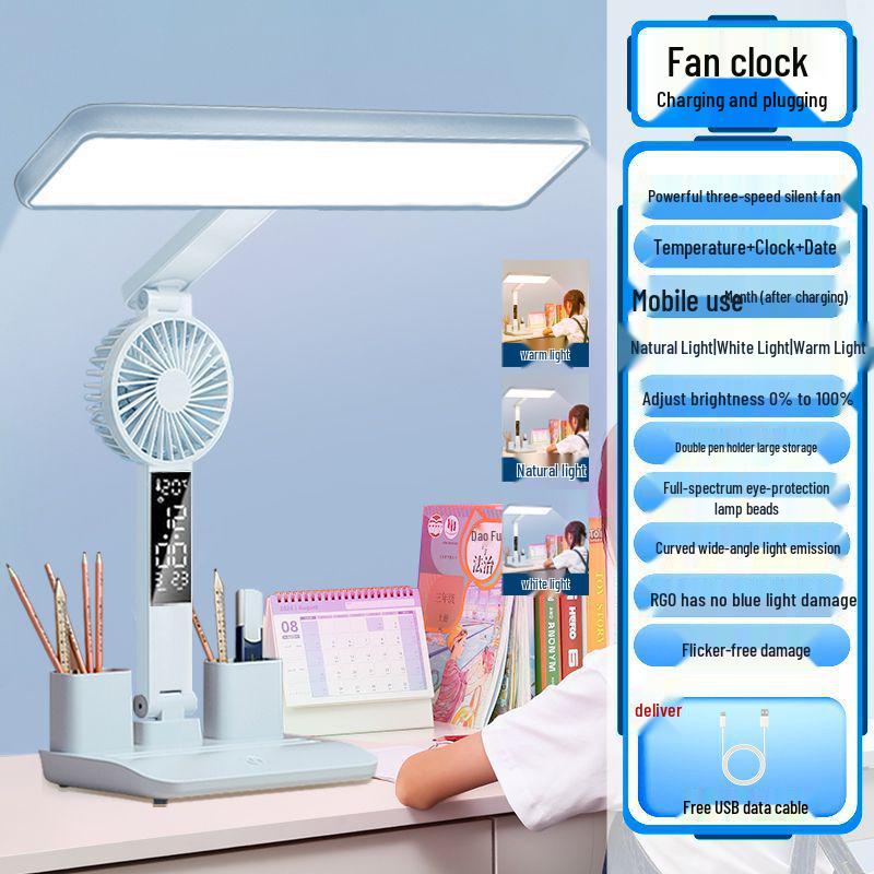 LED Augenschutz-Schreibtischlampe mit Uhr, wiederaufladbare Dual-Use-Ventilatorleuchte, Nachtlicht mit langer Akkulaufzeit