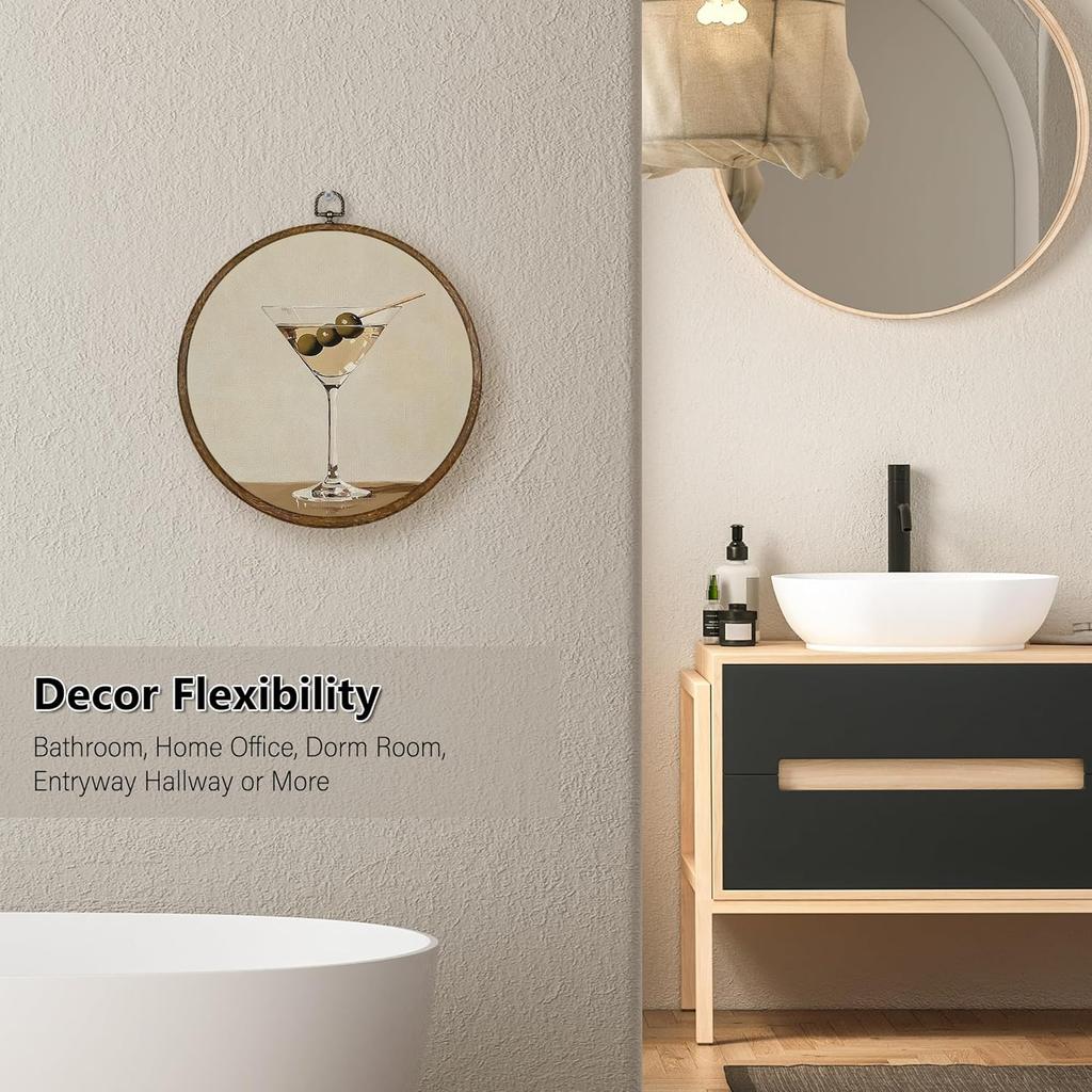 Qskjre Trendy Martini Wall Art Bar Cart Decor, Funky Cocktail Aesthetic Round Wood Framed Canvas Wall Artwork, Vintage Olive Martini Hanging Prints