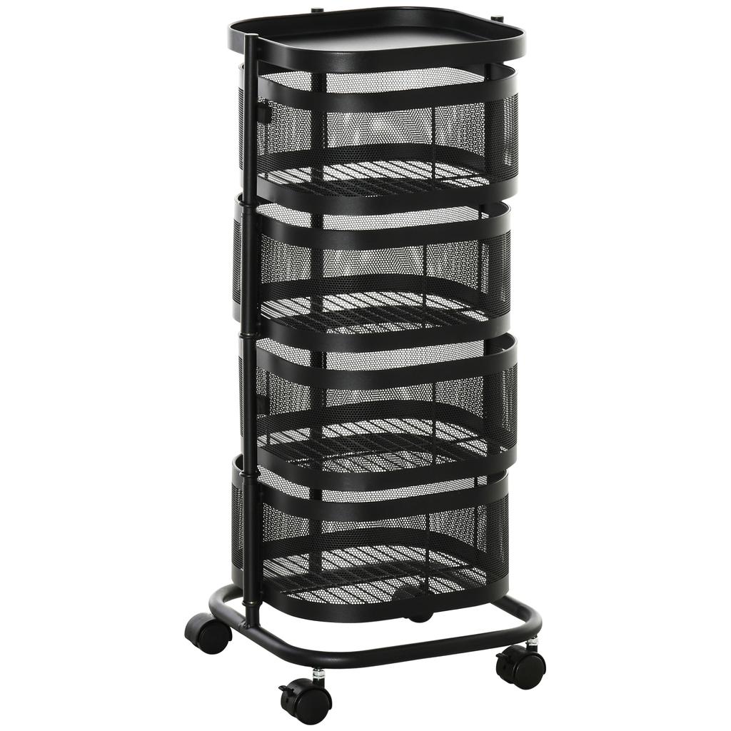 Metal Storage Cart, 4-Tier Storage Trolley On Wheels with 4 Mesh Baskets and Top Tray, Black