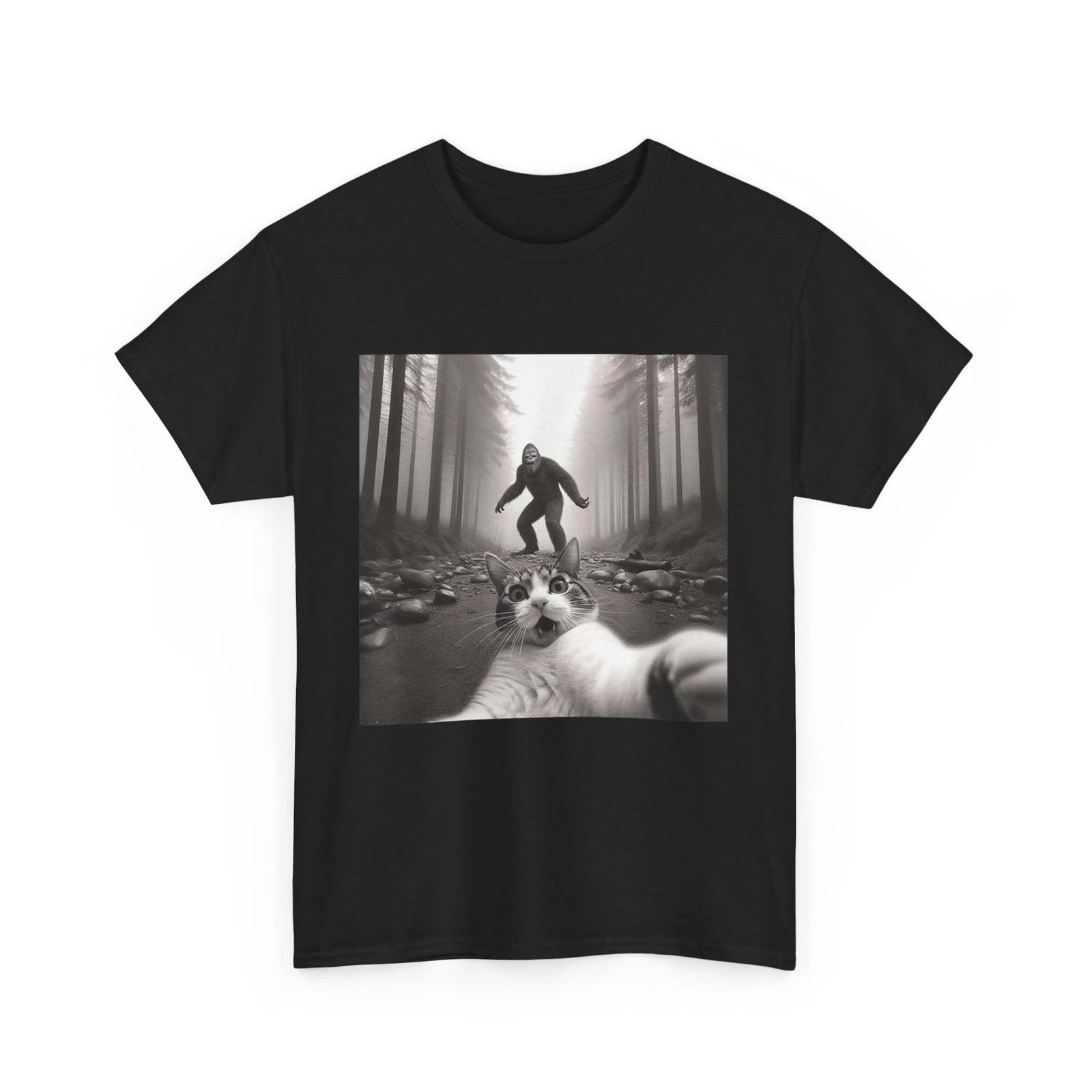 Funny Surprised Scared Cat Selfie With Sasquatsch Bigfoot T shirt S