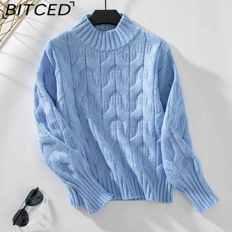 

BITCED Women s Half-High Neck Cable-Knit Sweater Autumn/Winter Loose-Fit Cable-Knit Pullover XL синий