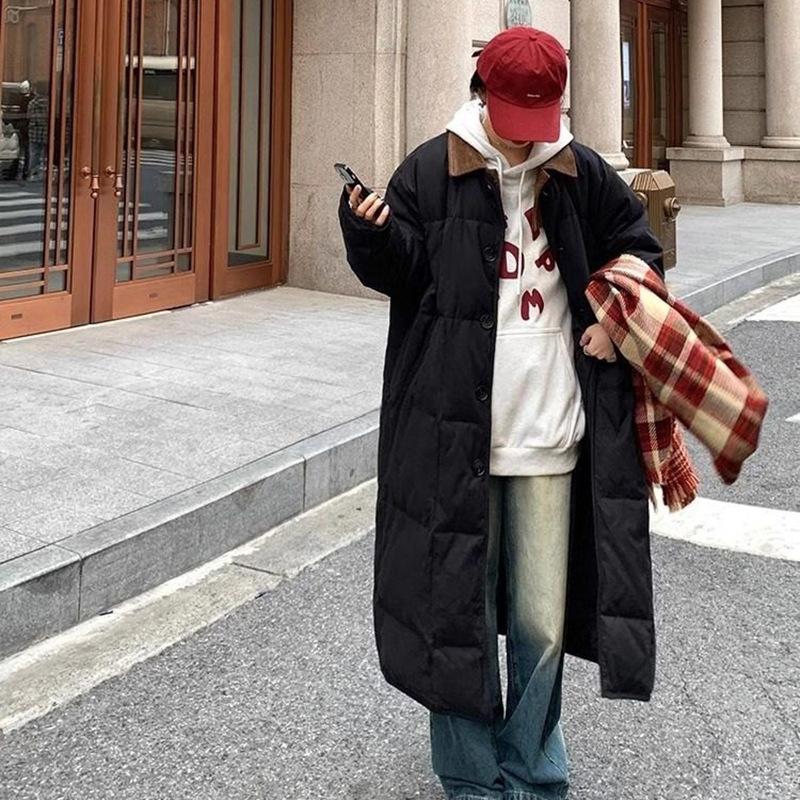 College style corduroy lapel long white duck down jacket women's winter fashion warm knee jacket tide