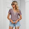 V-neck Petal Short Sleeve Women T-shirt Summer Golden Lace Stitching Loose Pullover Top Streetwear