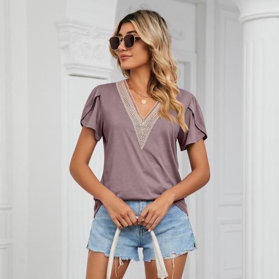 V-neck Petal Short Sleeve Women T-shirt Summer Golden Lace Stitching Loose Pullover Top Streetwear
