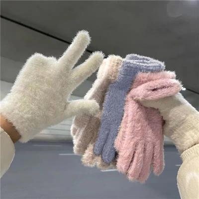 Gants en fausse fourrure de lapin pour femme, gants en velours à cinq doigts, pour l'hiver et le cyclisme
