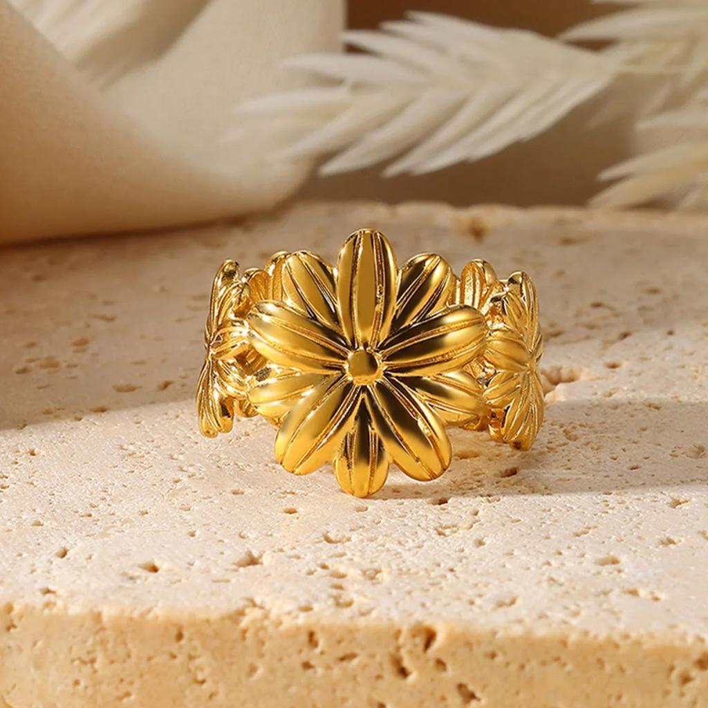 Unique Design Flower Rings For Women Geometric Stainless Steel Flower Opening Ring Gold Jewelry Gift Anillos