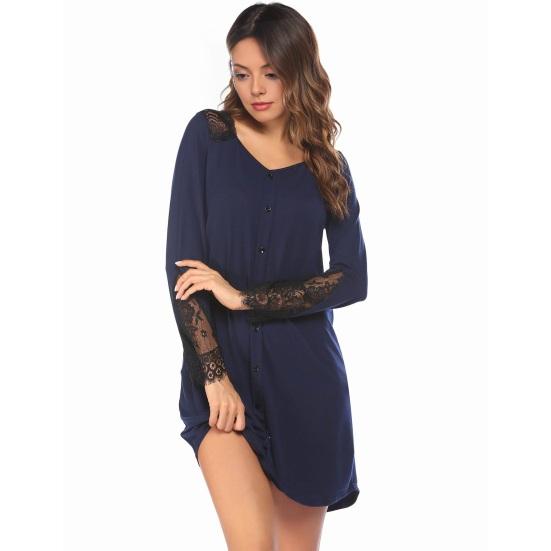 Long Sleeve Nightgowns for Women V Neck Lace Patchwork Nightshirts Fake Placket Button Down Mini Nightdress