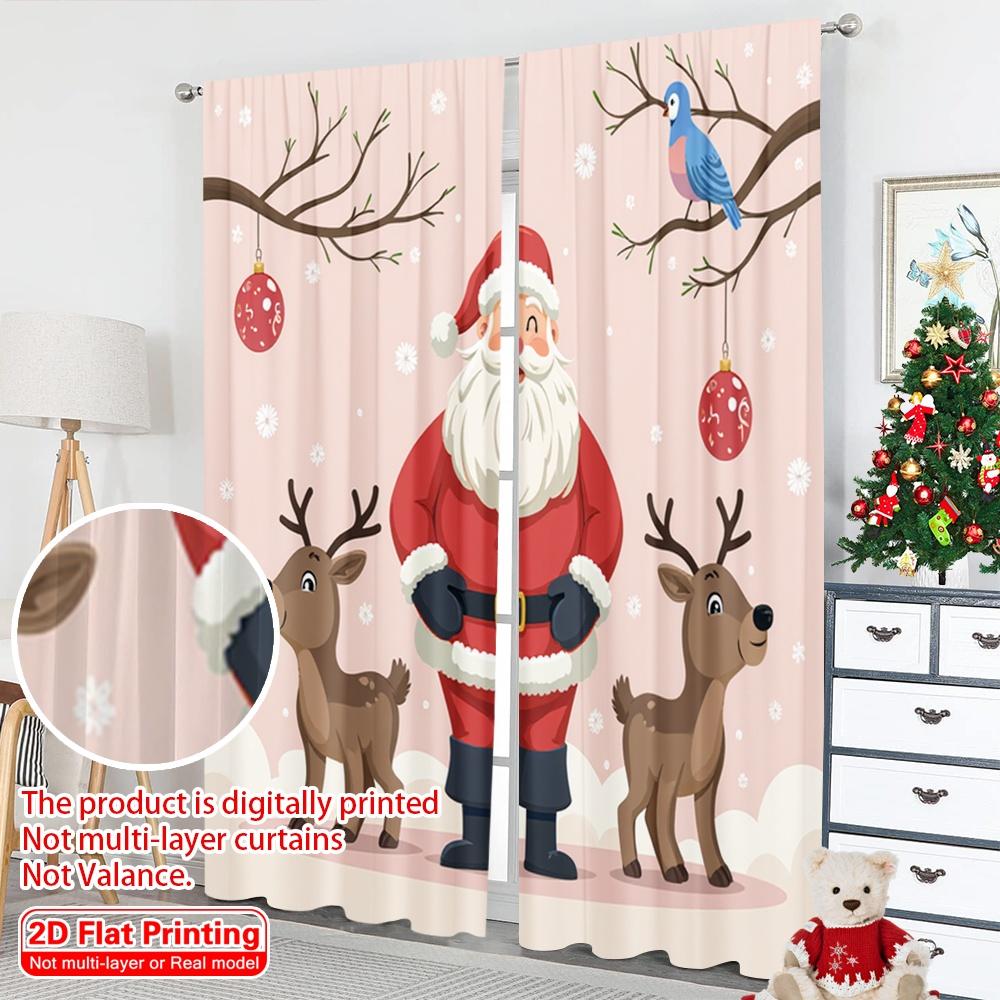 2pcs 2D Flat Printing Christmas Window Drapes Santa Claus Reindeer Christmas Celebration Polyester Without Electricity Party
