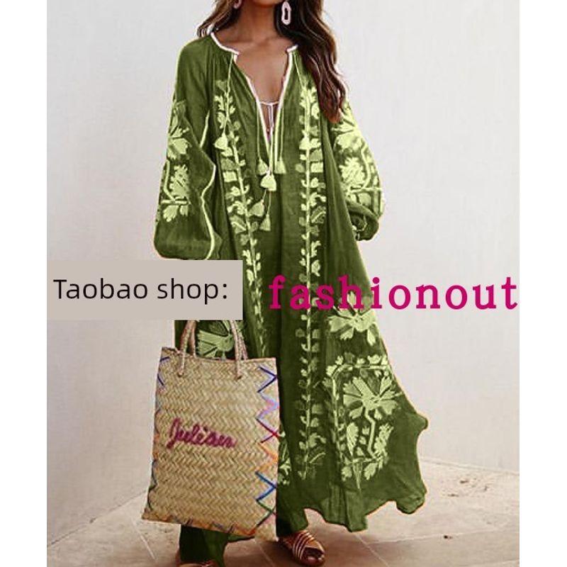 2024 European and American New Women's Clothes Ethnic Embroidery Flower Loose Oversized Long Sleeves Dress Women's Robe