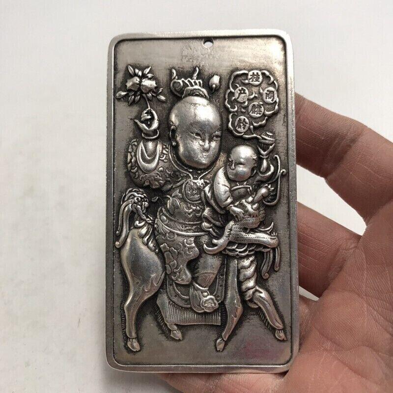 Old Chinese Tibet Silver Handcarved Double-Sided Boy Pendant Waist Tag