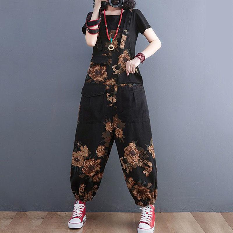 Women's Nine Split Jeans Overalls Casual Female Print Jumpsuit Loose Bloomers Oversized Rompers Suspenders Fashion