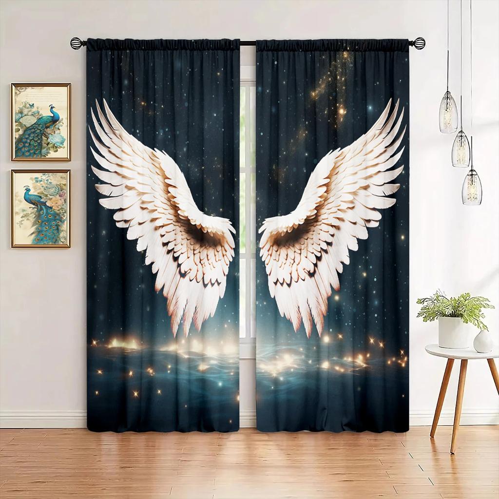 2pcs Angel Wings Printed Curtain for Home Decor - Rod Pocket Window Treatment for Bedroom, Office, Kitchen,Living Room,and Study