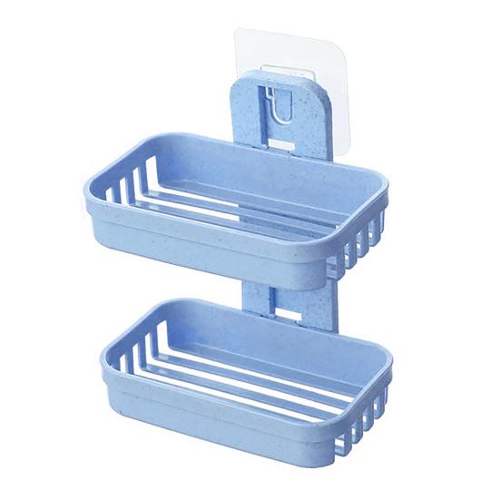 

Полка для мыла, многофункциональная полая конструкция без перфорации, настенный двухъярусный дренажный держатель для хранения мыла для ванной комнаты синий