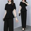 Women's Black Chiffon Shirt & High-Waisted Wide-Leg Pants Two-Piece Set for Summer