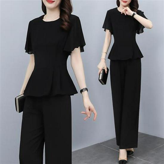 Women's Black Chiffon Shirt & High-Waisted Wide-Leg Pants Two-Piece Set for Summer