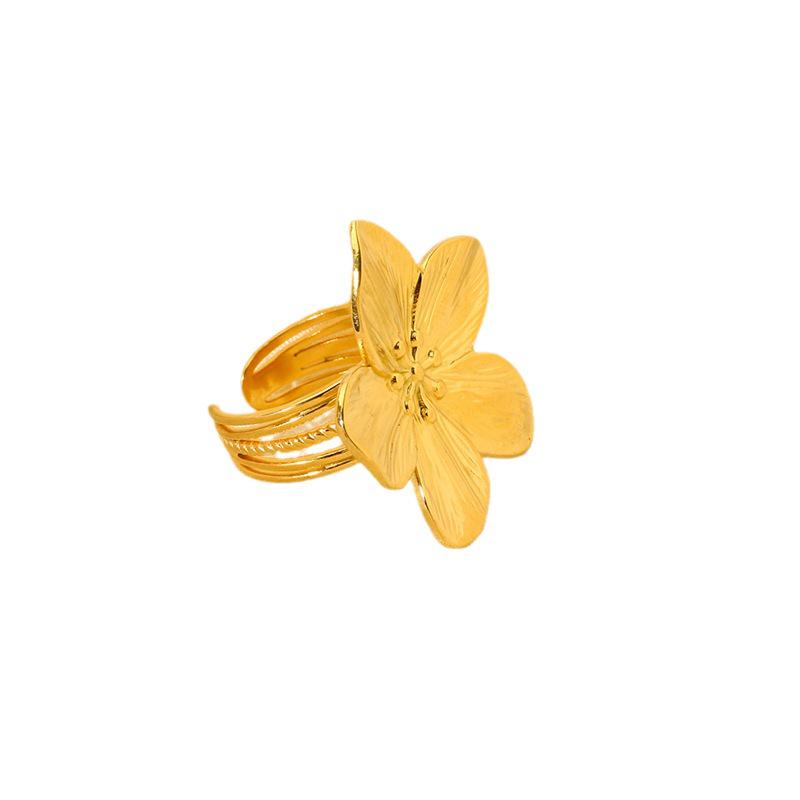French Retro 18K Gold PVD Stainless Steel Flower Open Ring for Women