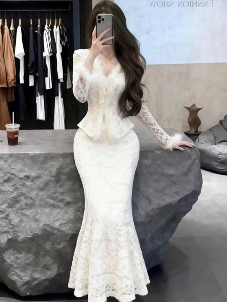Gold Lace Mermaid Skirt & Cinched Waist Top Set for Women - Stunning 2026 Spring Arrival for Special Occasions