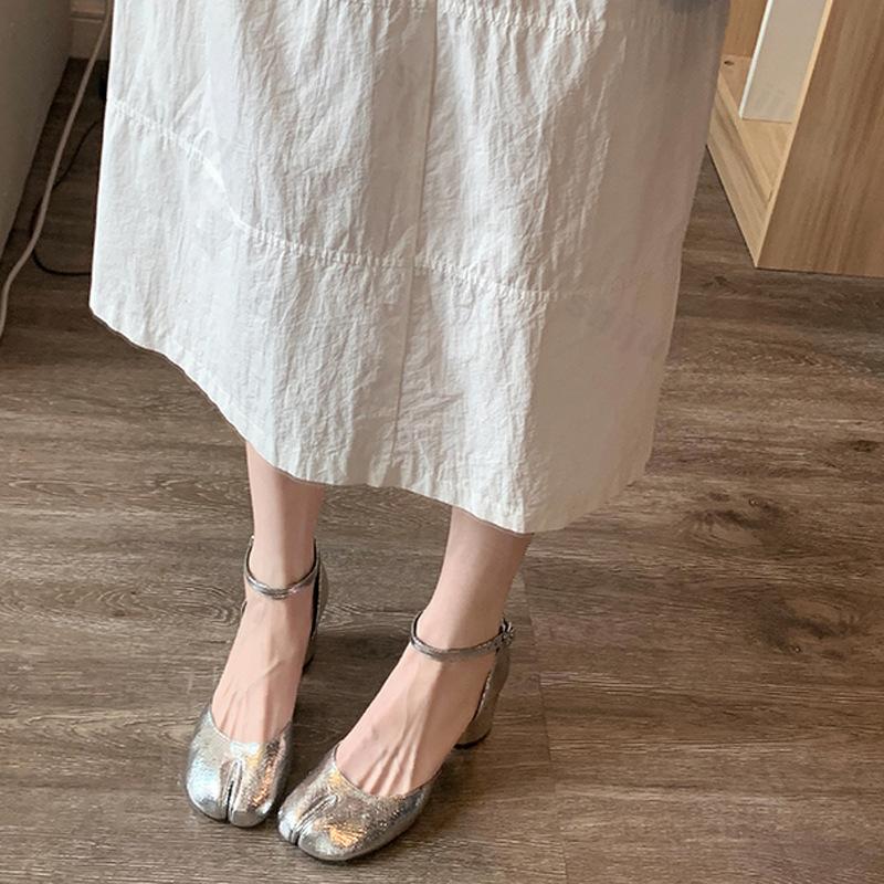 Women Mary Janes Shoes Sliver Leather Dress Square Head Split Toe Shoes Women Shallow Buckle Soft Sole Shoes Zapatos De Mujer