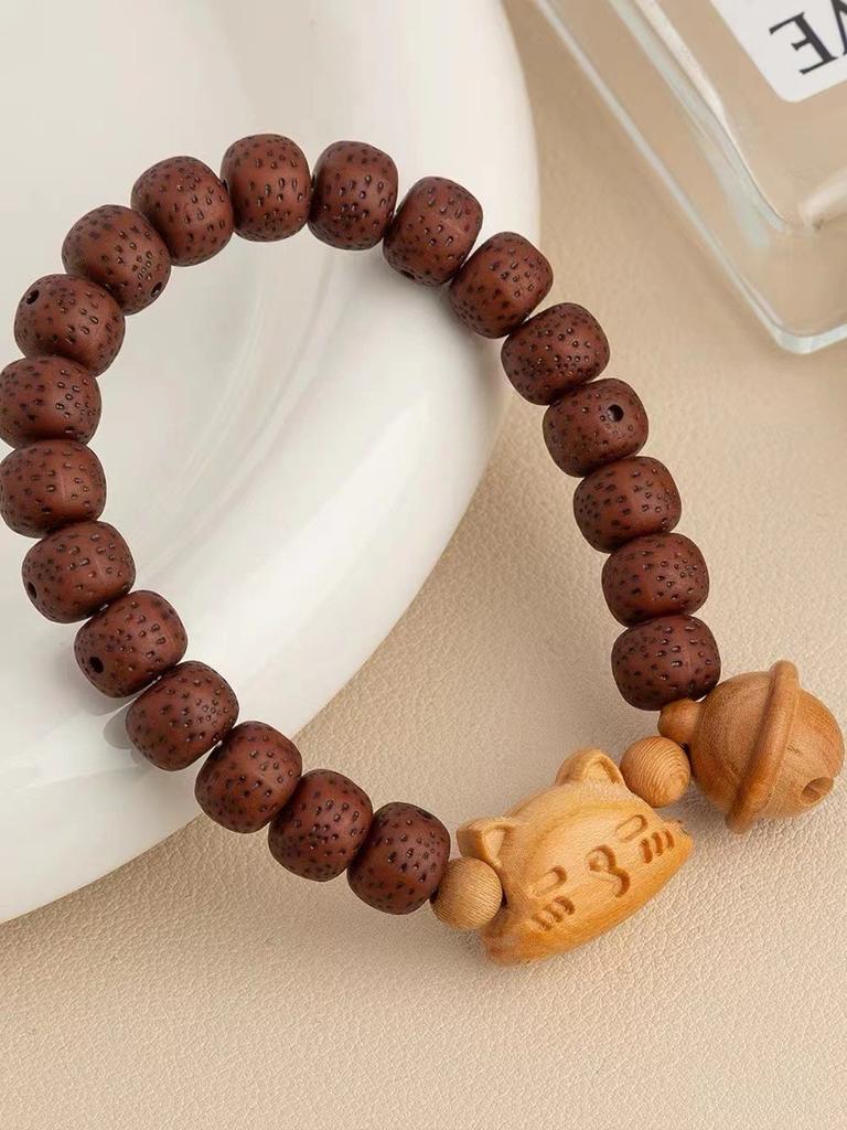 Wooden Cat Bell Bracelet Handmade New Oriental Fashion Trend Jewelry Womens