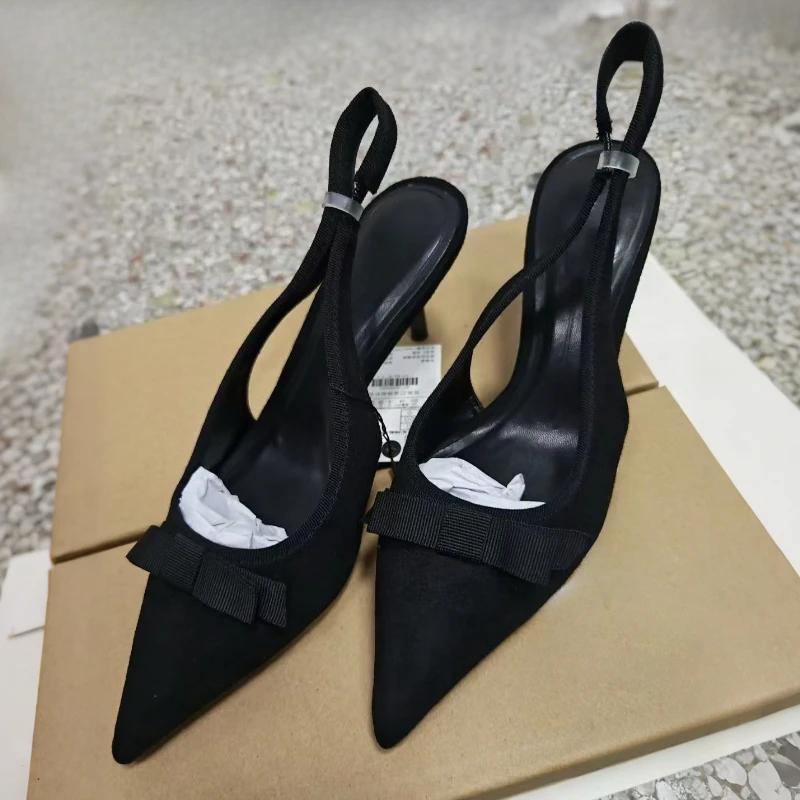 Women Slingback Heels Stiletto Pumps Black Bowknot Pointed Toe   Party Shoes Elegant Wedding Heels Evening Dress Pumps 36