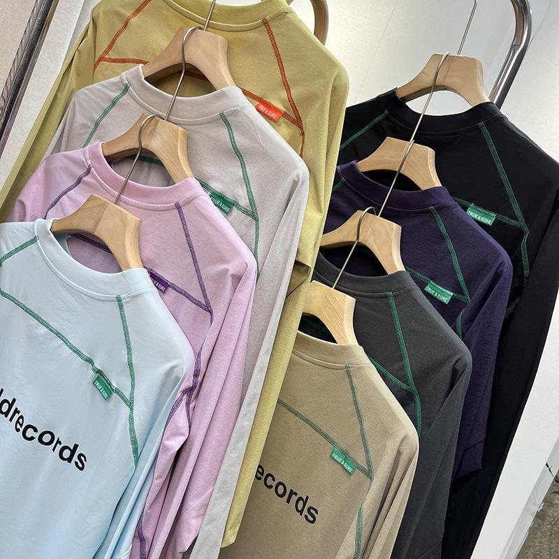 Unisex Autumn/Winter Patchwork Color Block Fleece Long Sleeve T-Shirt