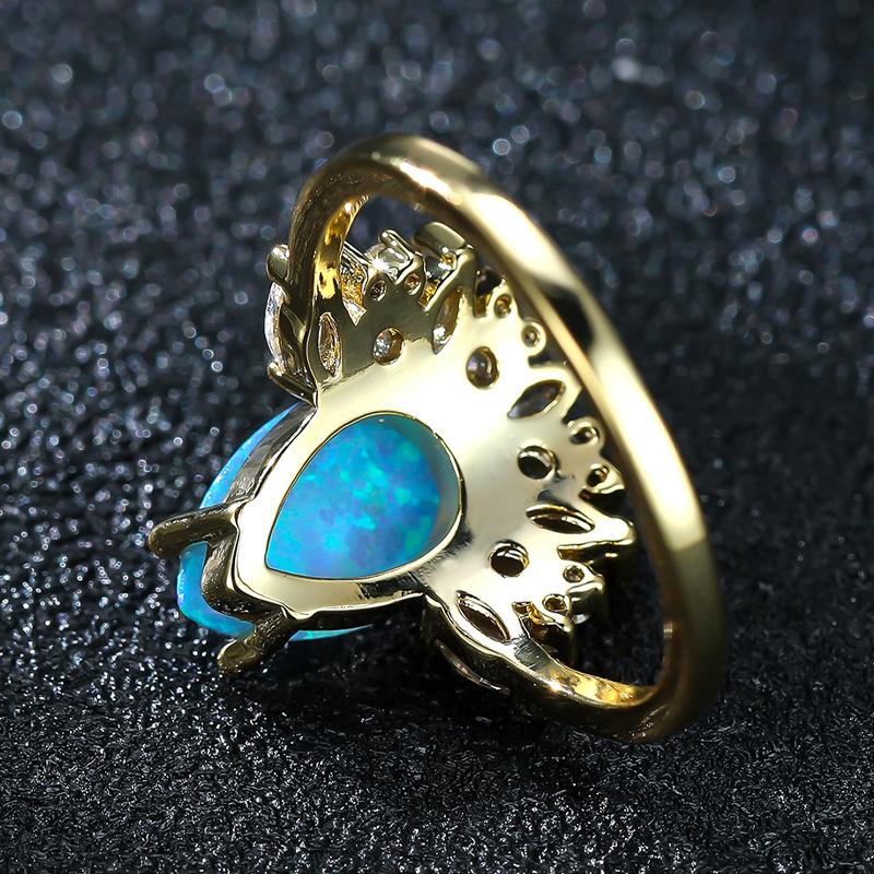Water Droplet Shaped Blue Australian Treasure Inlaid with White Diamond Ring European and American Retro Water Droplet Food Ring