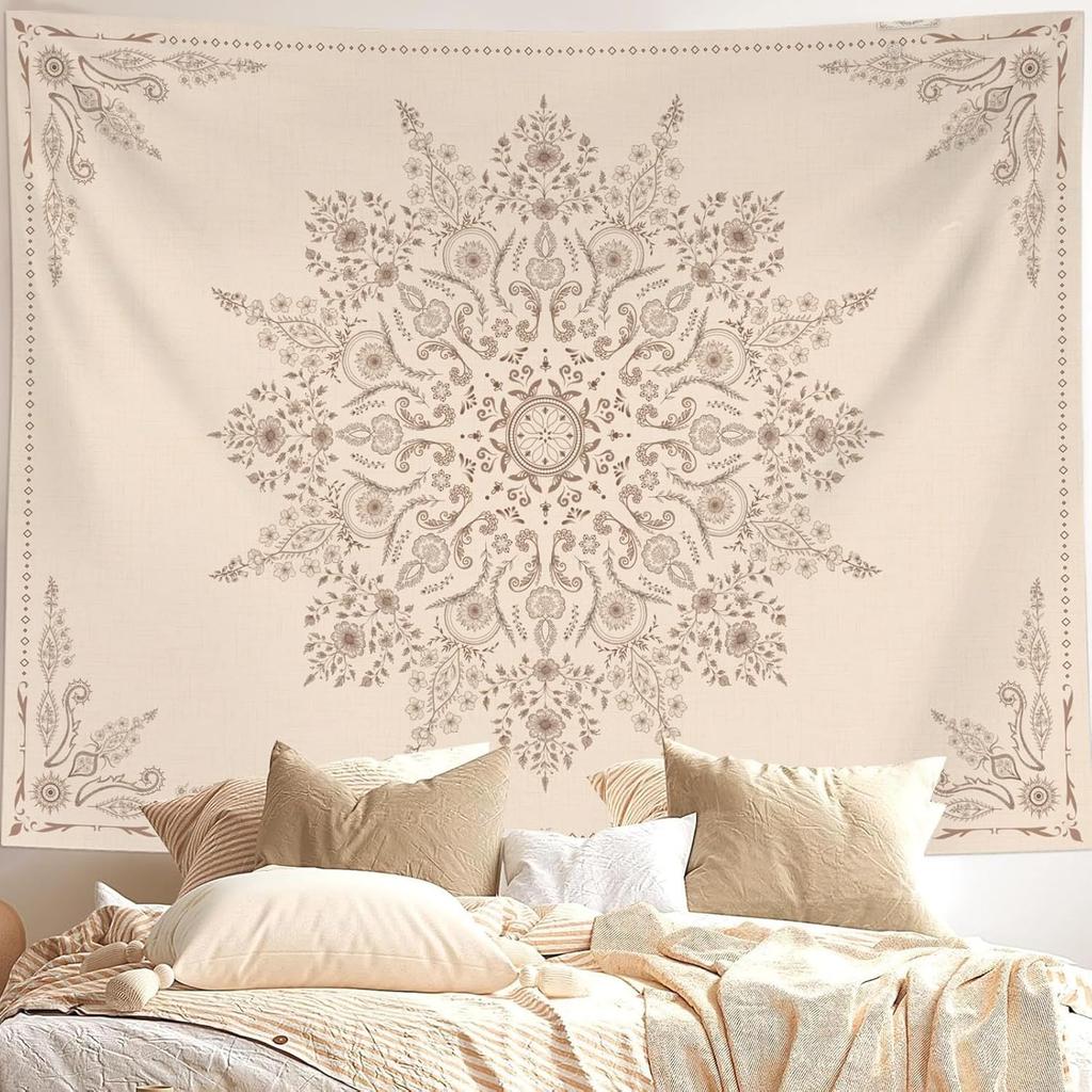 Bohemian Tapestry Wall Hanging, Beige Pink Floral Tapestry With Wild Flower Medallion Print Bedroom Boho Home Decor,White Wreath