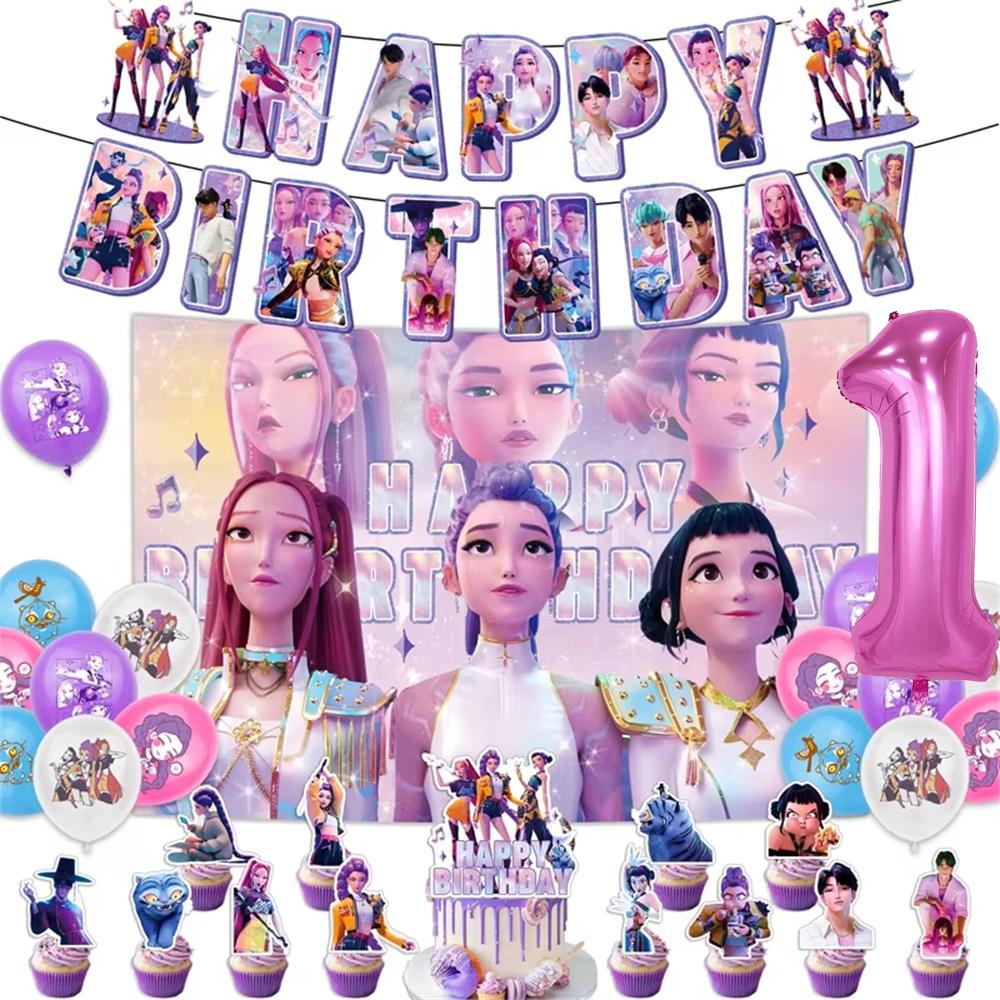 Kpop Demon Birth Date Celebration Decoration Hunter Group Birth Date Celebration Supplies Huntrix Kpop Anime Cake Topper Balloons Hanging Flag