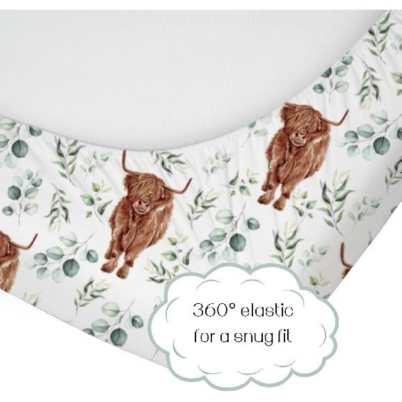 HawSkgFub Highland Cow Eucalyptus Leaf Fitted Standard Crib Sheet for Baby Boy Girl, Neutral Western Farm Animal Yak Toddler Mattress Cover, Soft