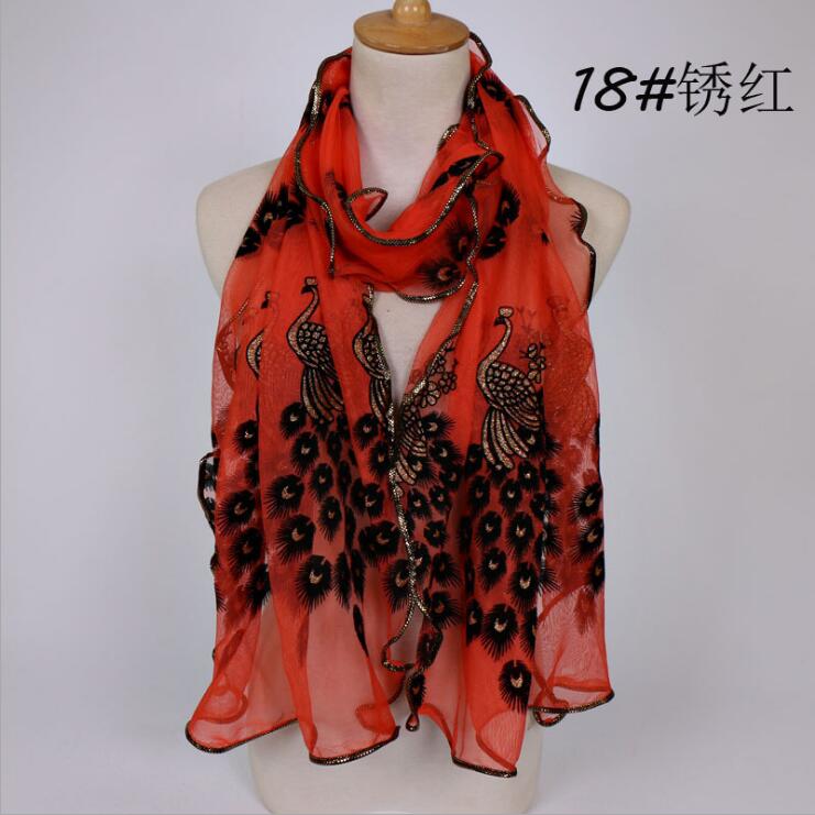 Women Chiffon Neck Scarf Flower Peacock Embroidered Lace Scarf Femmes Silk Long Soft Elegant Shawl New Spring Muffler Scarves