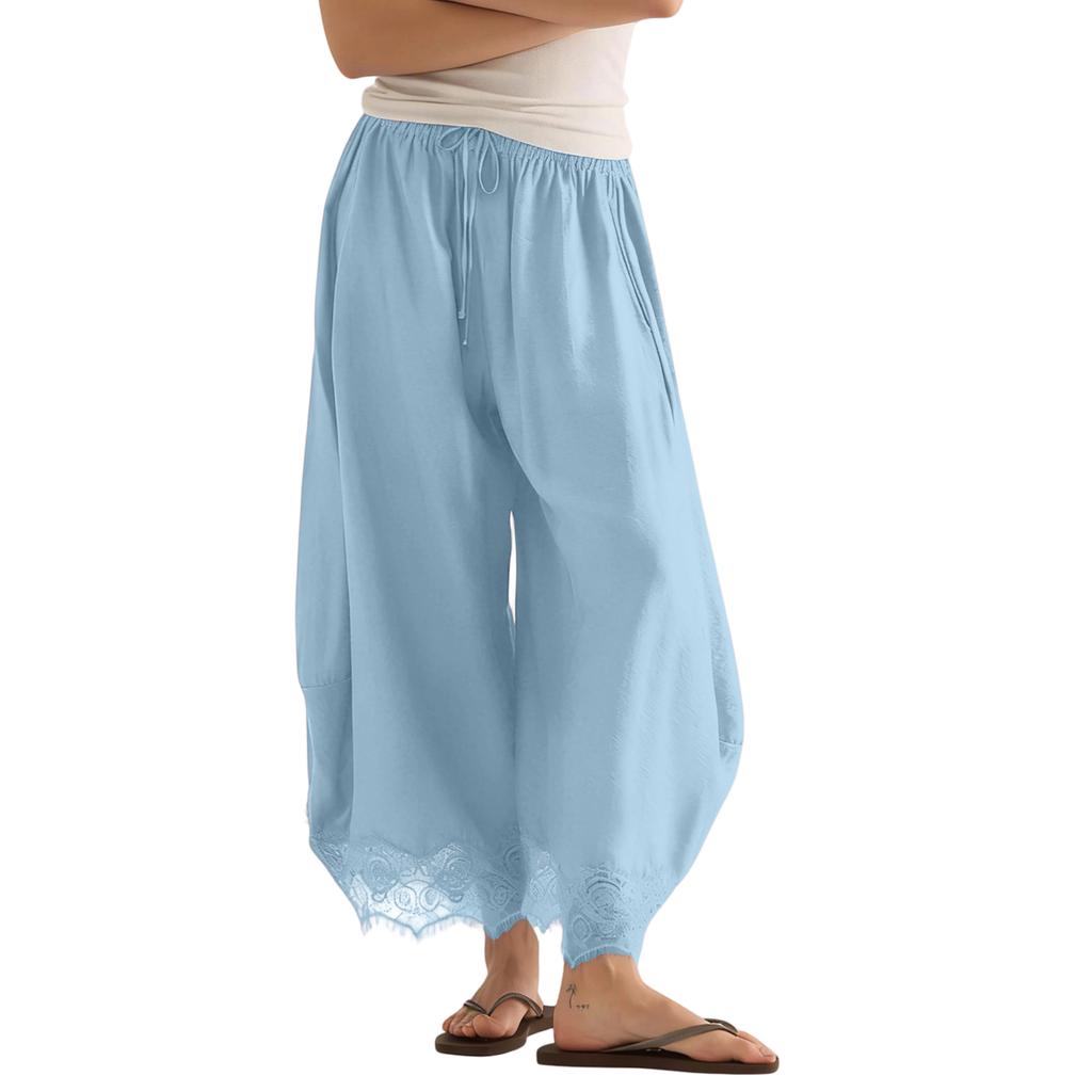 Women's Wide Leg Pants - Pull- Elastic Waist with Lace Trim Hem, Loose Fit for Casual Daily Wear, Work, or Weekend Outings