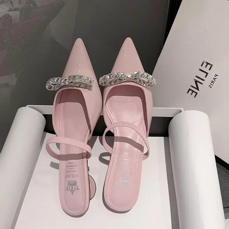 

Fashion Women Patent Pink Slippers Spring Summer Flats Shoes New Pointed Toe Dress Shoes Designer Elegant Shallow Party Zapatillas Mujer 34 рожевий