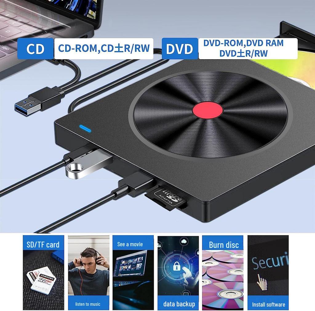 Universal External Optical Drive & 5-in-1 Card Reader with CD/DVD Burner Functionality