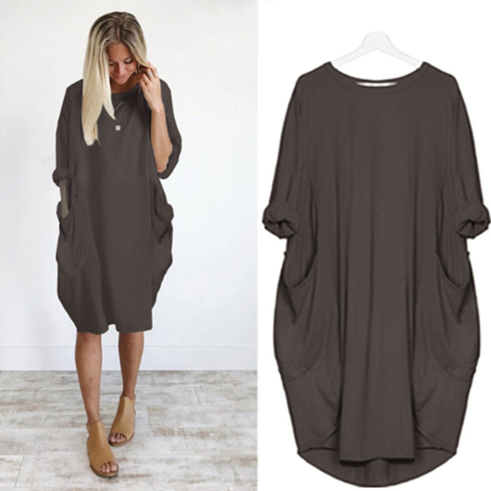 

Women s Fashion Casual Loose Pocket Long Sleeve Color Dresses L кофейный