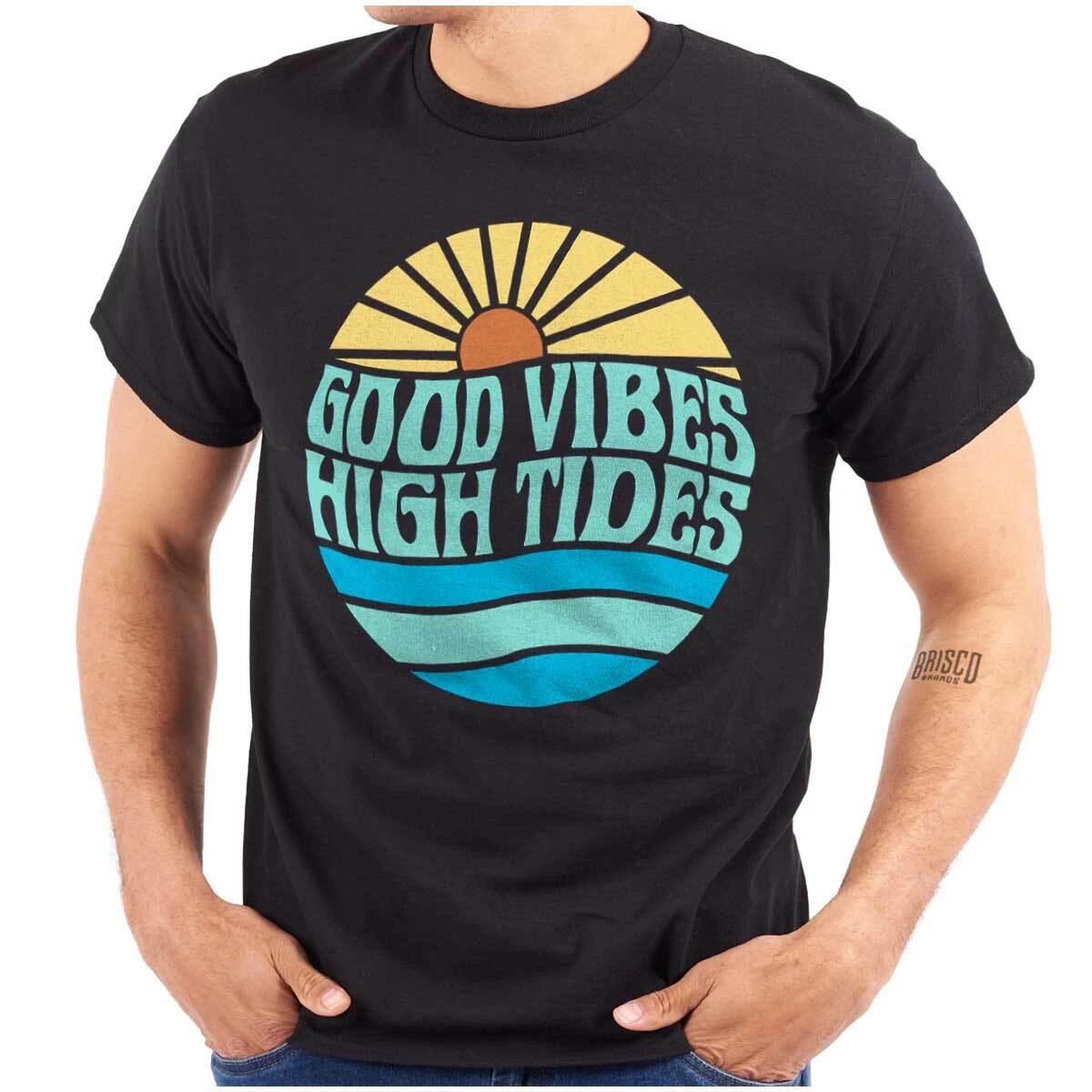 Retro Beach Sunset Good Vibes High Tides Womens or Mens Crewneck T Shirt Tee XL