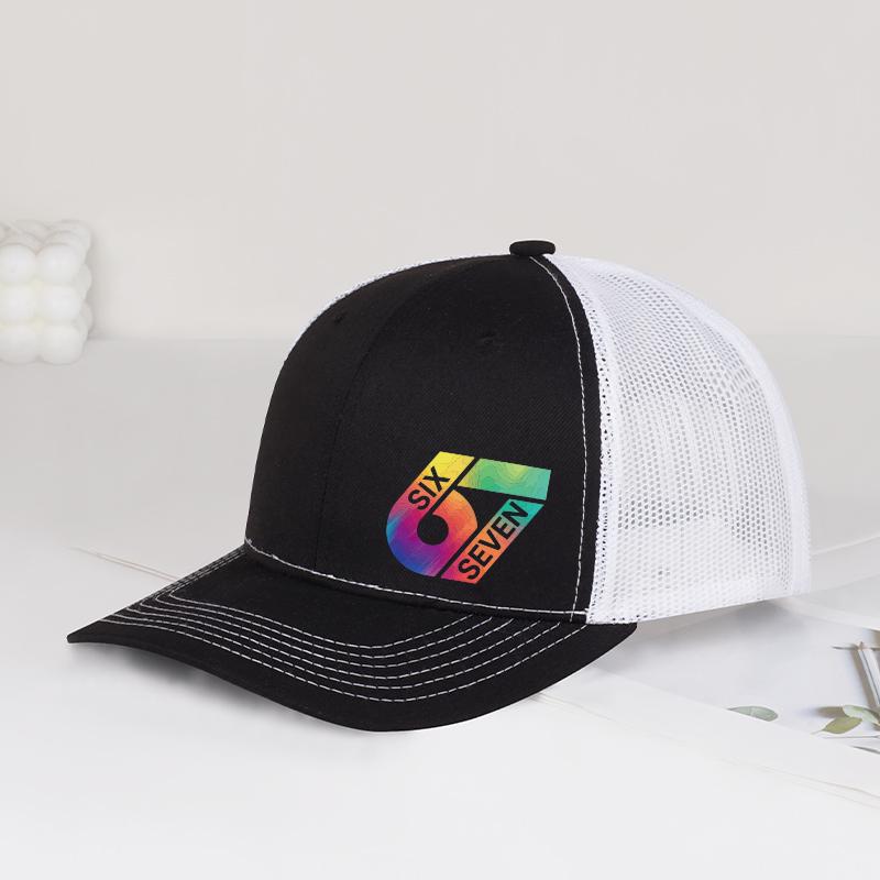 67 Six Seven Rainbow Print Trucker Hat Men Women Vintage Mesh Back Adjustable Truck Cap Casual Streetwear Sun Hat