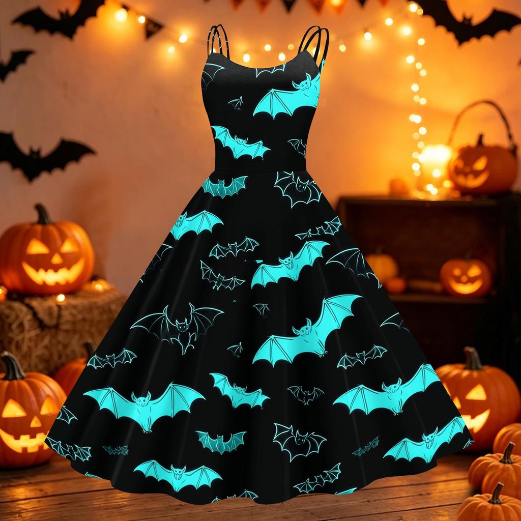 Women's Halloween Print Off Shoulder Dress Vintage Punk Style Sleeveless Spaghetti Strap Swing Dress with Flared Skirt for Party