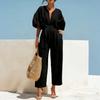 Women’s V Neck Short Sleeve Jumpsuit with Adjustable Waist Tie Loose Fit Wide Leg Romper Casual Wear