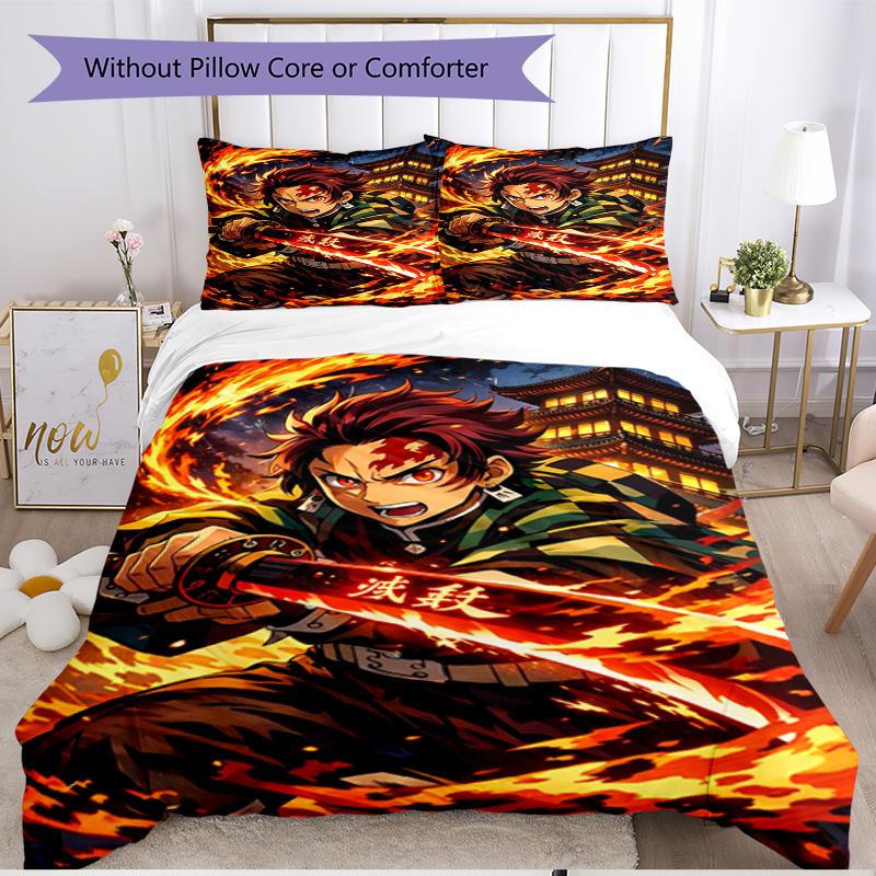 3pcs Duvet Cover Set (1*Duvet Cover + 2*Pillowcase, Without Core), Demon Slayer Print Soft All‑Season Bedding Set, Home Bedroom Decor Gift