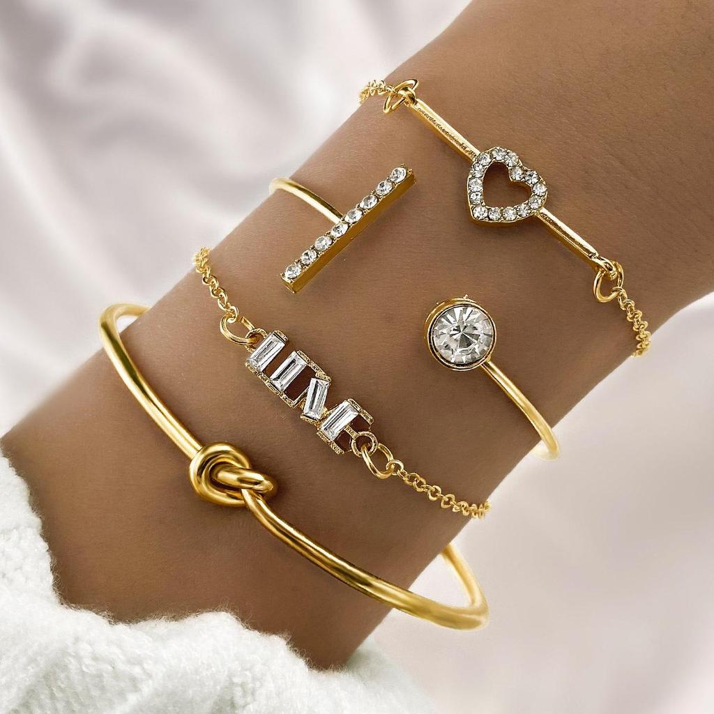 European & American Love Knot Alloy Bracelet Set: 4-Piece Creative Geometric Heart Design