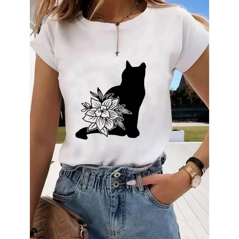 Short Sleeve Print Clothes Women Spring Summer Female Tee Fashion Cat Love Sweet Valentine Shirt Lady Graphic T-shirt