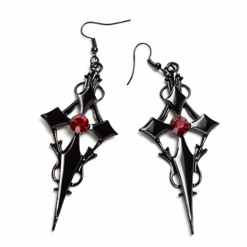 Dark Retro Black Cross Pendant Earrings: Exaggerated Studs for Women чёрный